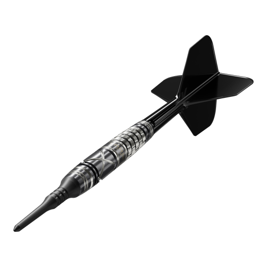 Das Bild zeigt einen Target Japan Black Marque Chaos 2 Softdart mit einem Gewicht von 19 Gramm. Der Dartpfeil ist schwarz-silbern gestaltet und hat ein modernes, stilvolles Design.