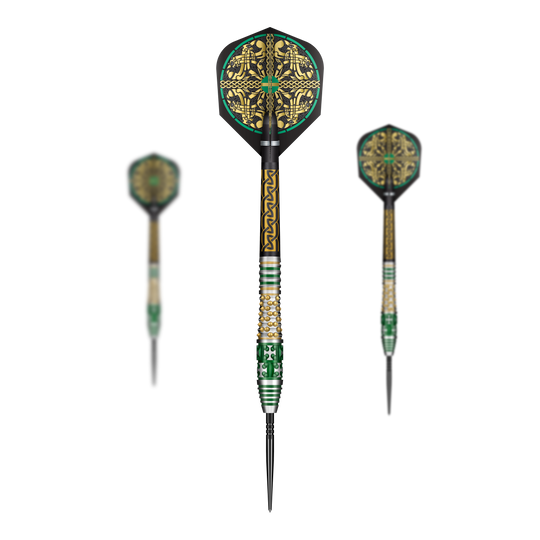 Das Bild zeigt ein Set Shot Celt Cernunnos TurboPoints Steeldarts. Die Darts sind mit Details verziert.