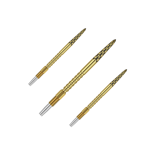 Target Swiss DS Surge Point Dartpunten - Goud Das Bild zeigt drei goldene Dartspitzen mit silbernen Enden. Die Spitzen haben ein Rautenmuster und sind 30 mm lang.