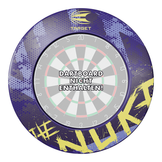 Das Bild zeigt das Produkt "Target Luke Littler The Nuke Dartboard Surround" in buntem Design. In der Mitte steht der Hinweis "Dartboard nicht enthalten!"