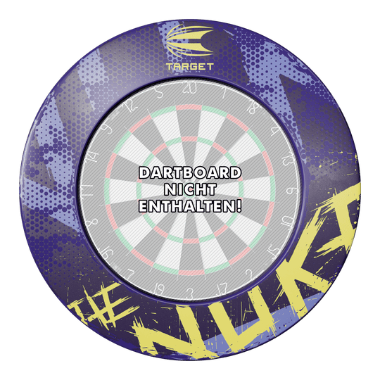 Target Luke Littler De Nuke Dartbord Surround Das Bild zeigt das Produkt "Target Luke Littler The Nuke Dartboard Surround" in buntem Design. In der Mitte steht der Hinweis "Dartboard nicht enthalten!"