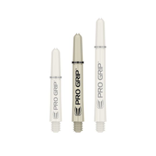 Das Bild zeigt drei Target Pro Grip Shafts in der Farbe Sand. Sie sind in unterschiedlichen Längen angeordnet und tragen die Aufschrift "PRO GRIP".