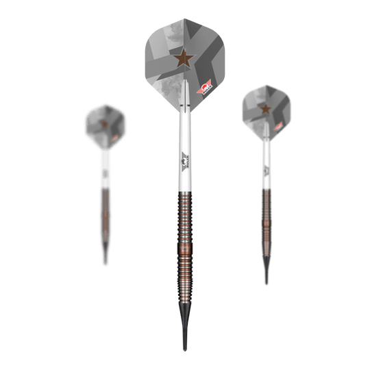 Bulls NL Max Hopp E5 soft darts - 20g Das Bild zeigt die Bulls NL Max Hopp E5 Softdarts mit einem Gewicht von 20g. Diese Softdarts sind speziell für präzises Dartspiel entwickelt.