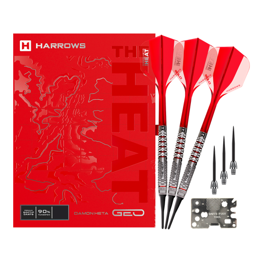 Harrows Damon Heta Geo Softdarts - 18g Harrows Damon Heta Geo Softdarts mit 18g werden im Komplettset präsentiert. Das Set ist vollständig arrangiert.