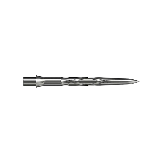Caliburn System stalen dartpunten - HAN G2 - Zilver Auf dem Bild ist eine silberne Steeldartspitze mit einem spiralförmigen Muster zu sehen. Sie ist schmal und hat eine spitz zulaufende Form.