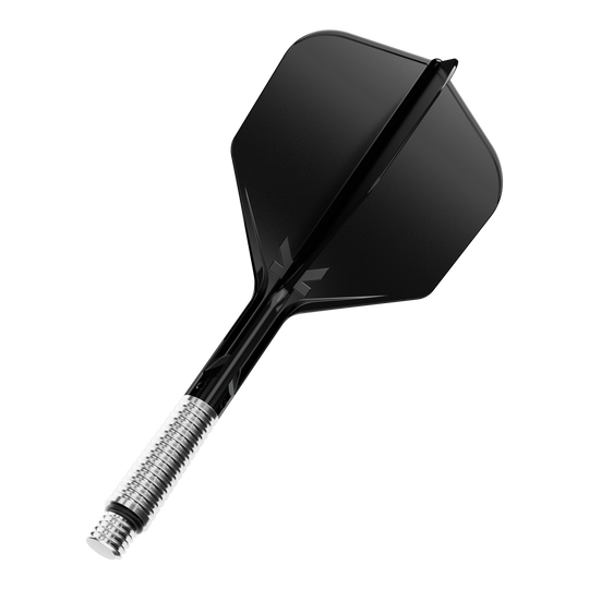 Das Bild zeigt ein Dart Flight in schwarzer Farbe mit der Beschreibung '410551 Target KShift No6 Flights Schwarz 33mm'. Es ist ein Ersatzteil für Dartpfeile.