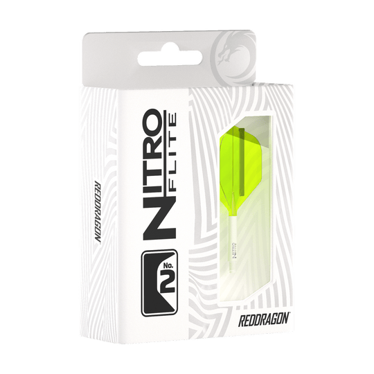Red Dragon Nitroflite - Witte Schacht Geel No2 Vluchten Die Abbildung zeigt eine Verpackung des Produkts "Red Dragon Nitroflite - White Shaft Yellow No2 Flights". In der Schachtel ist ein gelber Dart-Flügel mit weißem Schaft sichtbar.
