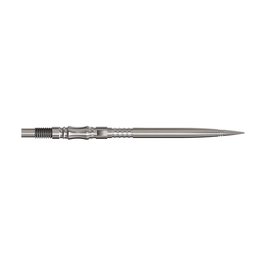 Axis Silver Elite Serie Dartspitzen in 40mm Länge werden gezeigt. Sie sind silberfarben und fein gearbeitet.