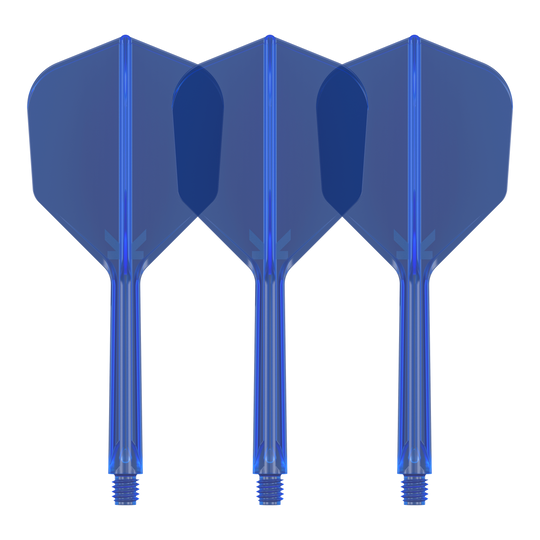 Target K-Flex No6 Flight System - Blauw Das Bild zeigt drei blaue Dart-Flights mit Schäften. Sie stehen nebeneinander und sind identisch gestaltet.