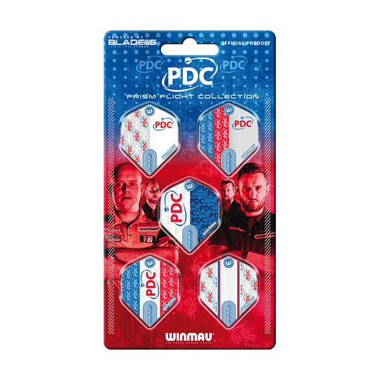 Winmau PDC Prism Flight-collectie Das Bild zeigt die "Winmau PDC Prism Flight Collection", eine offizielle Sammlung von Dart-Flights. Die Verpackung ist blau-rot gestaltet und zeigt fünf verschiedene Flights sowie Bilder von Dartspielern.