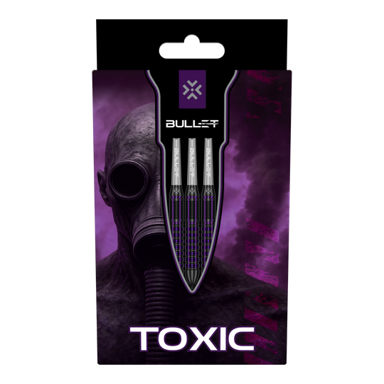 Das Bild zeigt drei Bullet Toxic Brass Steeldarts - 23g. Sie sind aus Messing gefertigt und wiegen jeweils 23 Gramm.