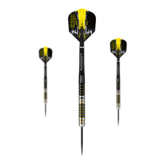 Dave Chisnall Chizzy steeldarts van Harrow Das Bild zeigt drei Steeldarts des Modells "Harrows Dave Chisnall Chizzy". Die Darts sind schwarz-gelb gestaltet und haben die Aufschrift "CHIZZY" auf den Flights.