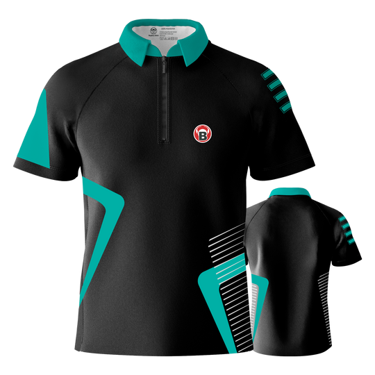 Das Bild zeigt das Bulls Team Dartshirt in der Farbe Mint. Das Shirt ist überwiegend schwarz mit mintfarbenen Akzenten und einem kleinen Logo auf der Brust.