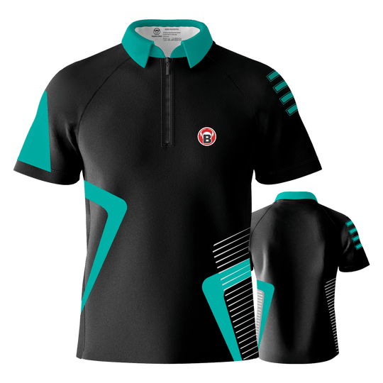 Bulls Team Dart Shirt - Munt Das Bild zeigt das Bulls Team Dartshirt in der Farbe Mint. Das Shirt ist überwiegend schwarz mit mintfarbenen Akzenten und einem kleinen Logo auf der Brust.