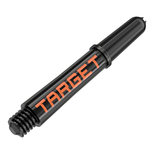 Das Bild zeigt einen schwarzen Dart-Schaft mit orangener Aufschrift "TARGET". Er hat ein Schraubgewinde an einem Ende und ist 34 mm lang.