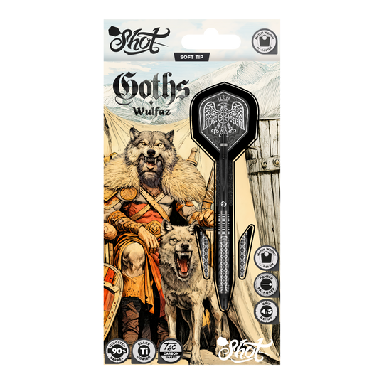 Shot Goths Wulfaz softdarts - 20g Auf dem Bild sind die Shot Goths Wulfaz Softdarts mit 20g Gewicht zu sehen. Das moderne Design sorgt für ein optimales Dartspiel.