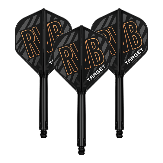 Target K-Flex Raymond Van Barneveld No2 standaard vliegassysteem Das Bild zeigt drei schwarze Dartflights mit integrierter Schaftsystem. Auf den Flights steht in großen Buchstaben "RVB" und darunter "TARGET".