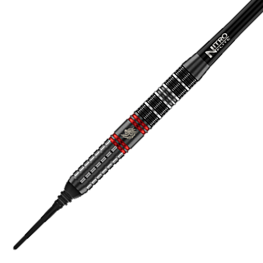 Abgebildet sind die Red Dragon Jonny Clayton RD-ULTRA Softdarts mit 18g. Die Darts besitzen rote und schwarze Akzente und ein charakteristisches Flight-Design.