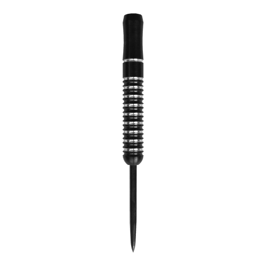McDart Void Steeldart-vaten - 23 g Das Bild zeigt einen McDart Void Steeldart Barrel mit einem Gewicht von 23g. Der Dart hat ein schwarz-silbernes Rillenmuster und eine spitze Metallspitze.