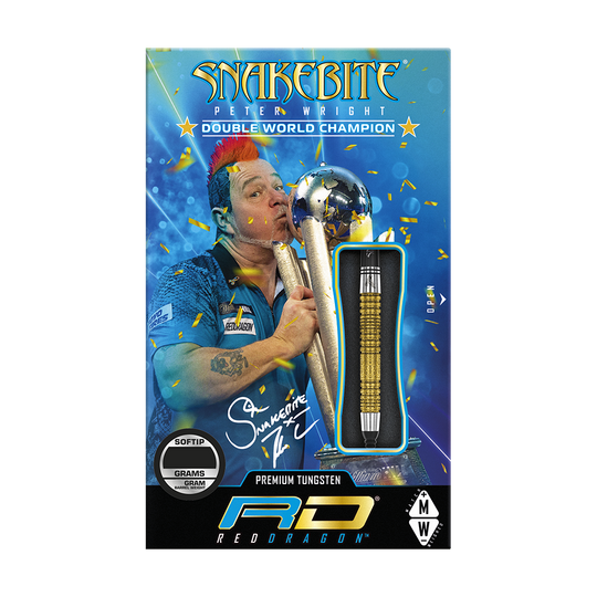 Red Dragon Peter Wright Dubbel Wereldkampioen SE Gold Plus Softdarts - 20g Das Bild zeigt die Verpackung der "Red Dragon Peter Wright Double World Champion SE Gold Plus Softdarts - 20g". Auf der Verpackung ist ein Bild von Peter Wright mit Pokal und einem goldfarbenen Dart abgebildet.