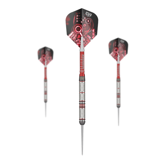DW Piranha Razor 01 stalen darts Das Bild zeigt drei Steeldarts des Produkts "DW Piranha Razor 01". Die Darts haben silberne Griffe mit roten Akzenten und Flights mit einem roten Zahnrad-Motiv.