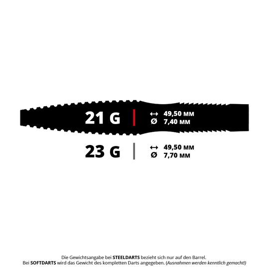 Das Bild zeigt Caliburn V-Series V1 Steeldarts mit einem Gewicht von 21 Gramm. Die Abbildung stellt Steeldarts für den Dart-Sport dar.