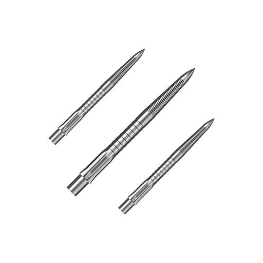 Das Bild zeigt drei silberne Steeldartspitzen mit feinem Micro-Grip. Sie sind 28 mm lang und sauber nebeneinander angeordnet.