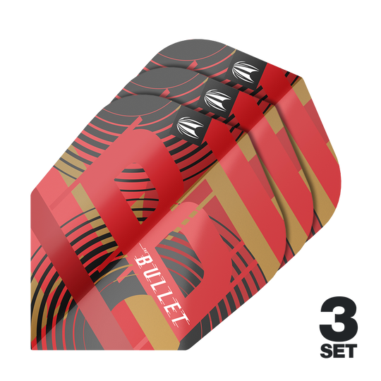 Target Pro Ultra Stephen Bunting GEN5 No6 vluchten - 3 sets Das Bild zeigt drei Sätze der Target Pro Ultra Stephen Bunting GEN5 No6 Flights. Die Flights sind rot, schwarz und gold gefärbt und tragen das Wort "BULLET".