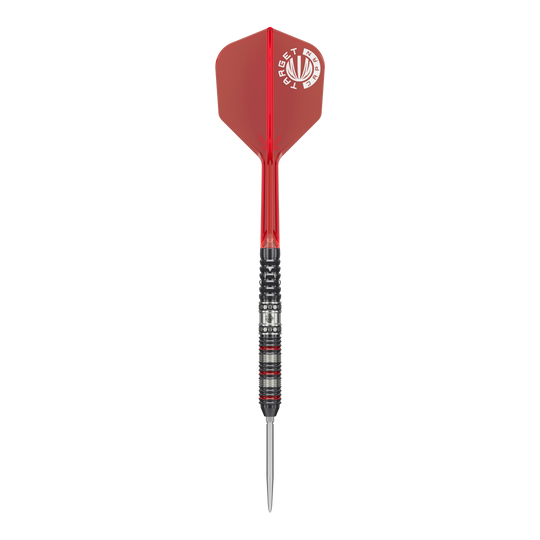 Das Bild zeigt einen Steeldartpfeil der Marke "Target Japan Prime Series Diamond GEN3". Der Pfeil hat eine rote Flights und einen schwarz-silbernen, fein gerillten Barrel.