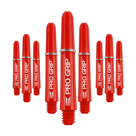 Target Pro Grip Shafts - 3 sets - Rood Das Bild zeigt neun rote Dart-Schäfte mit der Aufschrift "PRO GRIP". Sie sind in drei Gruppen angeordnet und haben ein auffälliges, glänzendes Design.