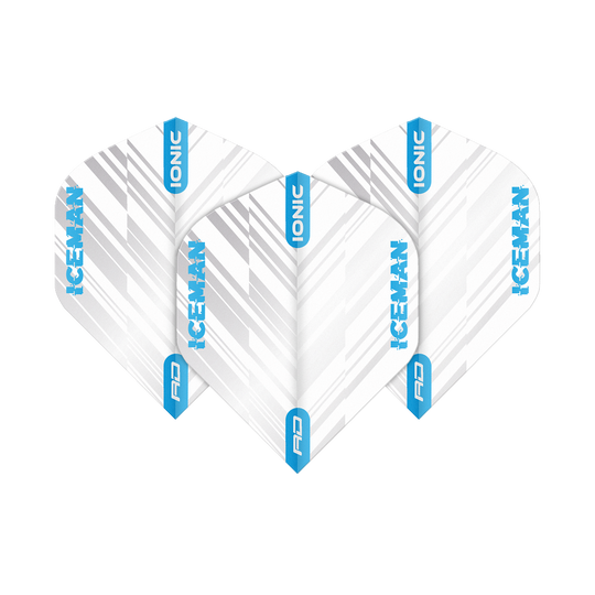 Das Bild zeigt drei weiße Dart-Flights mit grauen Streifen und blauen Akzenten. Auf den Flights steht "ICEMAN" und "IONIC" in blauer Schrift.
