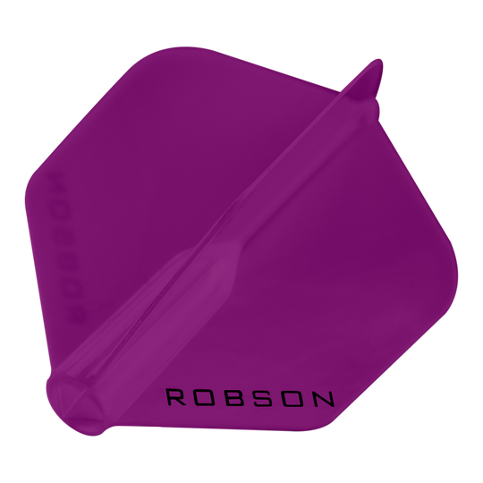Robson Plus Standard Flights Das Bild zeigt ein violettes Dartflight mit sechseckiger Form. Auf dem Flight steht das Wort "ROBSON" in schwarzen Buchstaben.