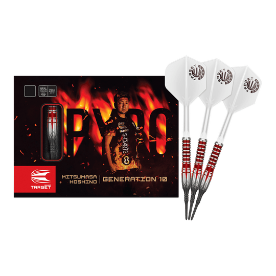 Das Bild zeigt das Produkt "Target Japan Mitsumasa Hoshino Pyro GEN10 MAX Softdarts - 19g" samt Verpackung und drei Darts. Auf der Verpackung ist ein Spieler vor einem flammenden Hintergrund abgebildet.