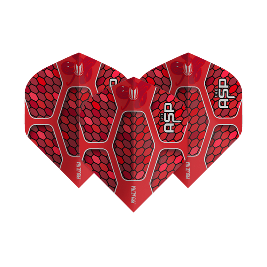 TG387_334450_Target_ProUltra_Nathan_Aspinall_Red_No2_Standard_Flights_1SjuyQK3uki7M6 Auf dem Bild sind drei rote Dart-Flights mit Wabenmuster und der Aufschrift "THE ASP" sowie "PRO ULTRA" zu sehen. Es handelt sich um das Produkt "Target ProUltra Nathan Aspinall Red No2 Standard Flights".