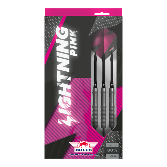Bulls NL Lightning Pink steel darts Das Bild zeigt eine Verpackung der "Bulls NL Lightning Pink Steeldarts". Die Darts sind in Schwarz und Pink gestaltet und haben einen Stahlspitze.
