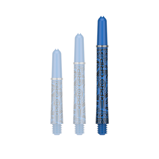 Target Pro Grip Ink shafts - 3 sets - blauw Auf dem Bild sind drei blaue Dartschäfte in unterschiedlichen Längen zu sehen. Sie tragen die Aufschrift "Pro Grip" und haben ein auffälliges Muster.