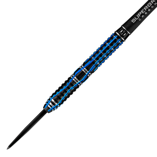 HA28917_Harrows_Ice_Recut_Steeldarts_2 Das Bild zeigt einen Harrows Ice Recut Steeldart mit schwarzem und blauem Design. Der Dartpfeil wirkt modern und hochwertig verarbeitet.