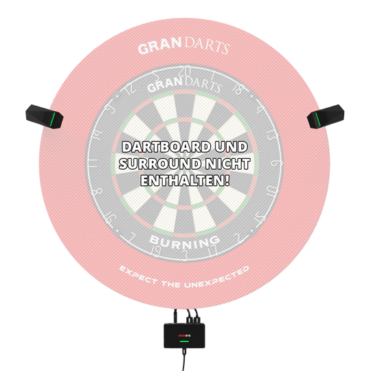 GranDarts Gran Eye GEN2 Steeldart automatisch scoresysteem Das Bild zeigt das GranDarts GranEye Steeldart Auto-Scoring-System mit Kameras und einer Steuereinheit. In der Mitte steht der Hinweis: "Dartboard und Surround nicht enthalten!"