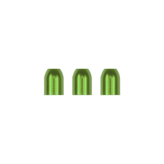 Das Bild zeigt drei grüne L-Style Premium Metall Champagne Ringe. Sie sind nebeneinander in einer Reihe angeordnet.