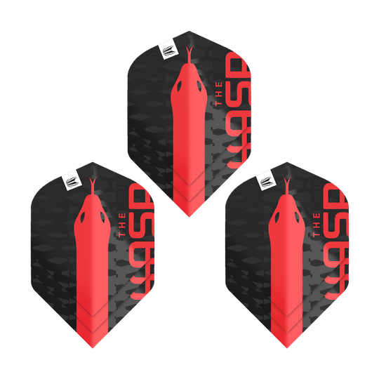 Target Pro Ultra Nathan Aspinall No2 standaardvluchten - 3 sets Das Bild zeigt drei schwarze Dart-Flights mit einem roten Schlangenkopf und der Aufschrift "THE ASP". Es handelt sich um das Produkt "Target Pro Ultra Nathan Aspinall No2 Standard Flights - 3 Sets".