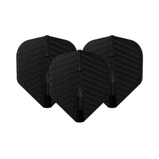 L-Style Flights Dimple Champagne L1EZ Standaard Auf dem Bild sind drei schwarze Dart-Flights mit Dimple-Oberfläche zu sehen. Sie stehen nebeneinander und sind identisch geformt.