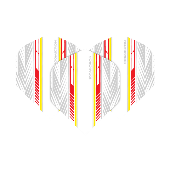 Pentathlon Vluchten wit/rood/geel Das Bild zeigt die Pentathlon White Red Yellow No2 Standard Flights in einem modernen Design. Die Flights sind weiß mit roten, gelben und grauen Streifen verziert.