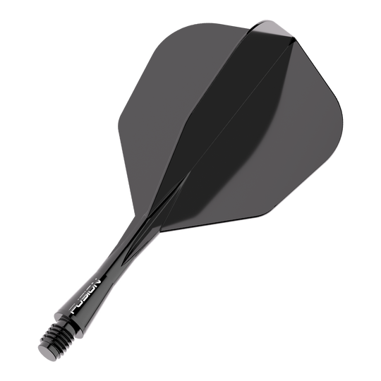 Winmau Fusion Flight Shaft System No6 Zwart Das Bild zeigt ein schwarzes Dart Flight-Schaft-System. Es trägt den Schriftzug "FUSION" auf dem Schaft und hat eine glänzende Oberfläche.