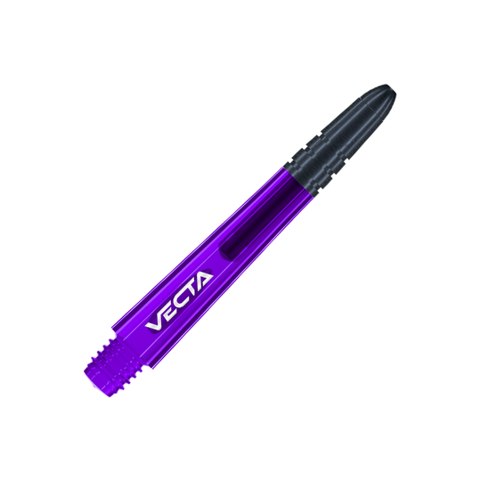 Winmau Vecta Shafts - Paars Zwart Das Bild zeigt einen lila und schwarzen Dart-Schaft mit der Aufschrift "VECTA". Der Schaft hat ein glattes, modernes Design und misst 37 mm.