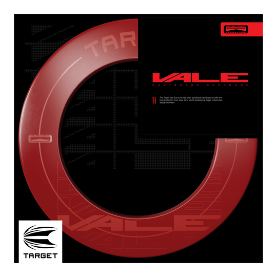 Target VALE Dartbord Surround Das Bild zeigt das Produkt "Target VALE Dartboard Surround" in einem auffälligen roten Design. Es wurde speziell entwickelt, um den bestmöglichen Schutz für Wände beim Dartspiel zu bieten.