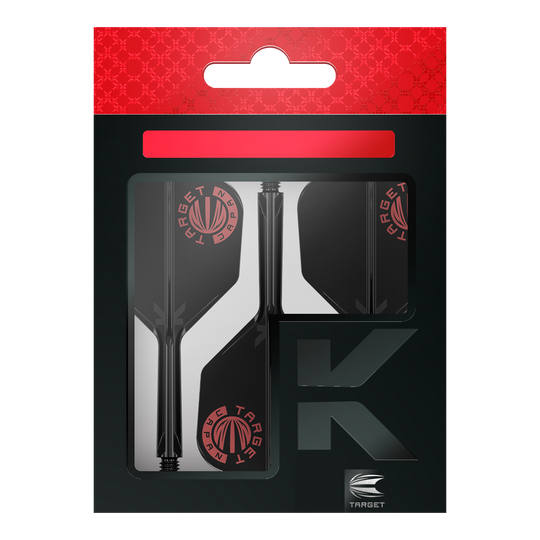 Target Japan K-Flex origineel logo rood zwart No6 vliegassysteem Das Bild zeigt die Verpackung des Produkts "Target Japan K-Flex Original Logo Red Black No6 Flight-Shaft-System". Die Verpackung ist schwarz mit roten Akzenten und dem Target-Logo sichtbar.