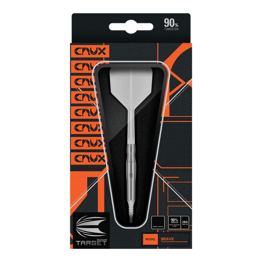 Target Japan Crux Brave Soft Darts - 18,5 g Das Bild zeigt die Verpackung des Produkts "Target Japan Crux Brave Softdarts - 18,5g". Der Dartpfeil ist gut sichtbar in einer schwarzen und orangefarbenen Box präsentiert.