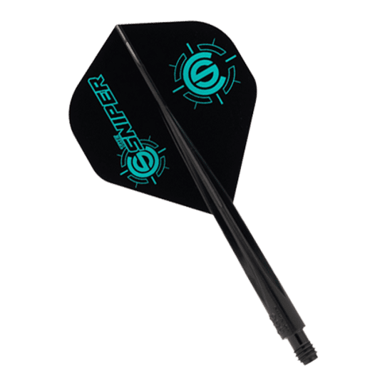 Das Bild zeigt das Produkt "Condor AXE The Sniper Flight-System - Standard". Es handelt sich um ein schwarzes Dart-Flight-System mit türkisfarbenen Logos und der Aufschrift "Sniper".