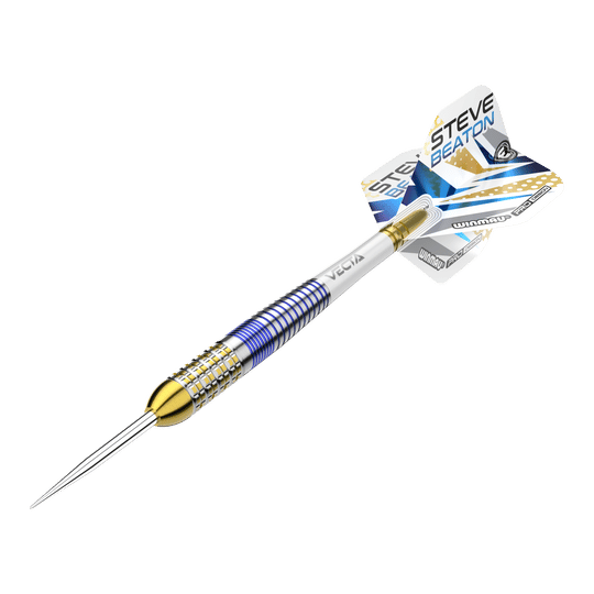 Das Bild zeigt einen Steeldart aus der Winmau Steve Beaton Legend Series. Der Dart hat ein farbenfrohes Design mit blauen, goldenen und silbernen Akzenten.
