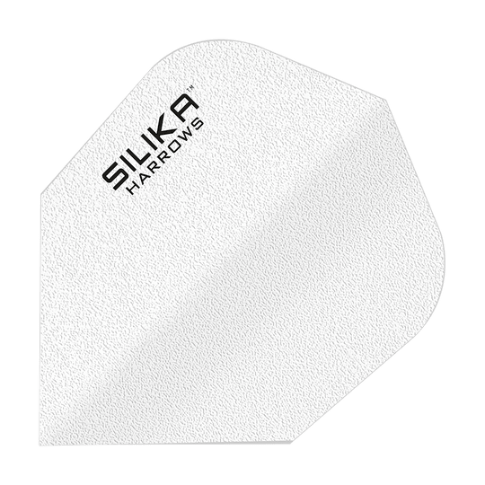 Harrows Silica Solid Tough Crystalline Coating Wit No6 Flights Das Bild zeigt ein weißes Dart-Flight mit der Aufschrift "SILIKA HARROWS". Es hat eine strukturierte Oberfläche und gehört zur Produktreihe "Silika Solid Tough Crystalline Coating White No6 Flights".